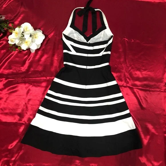 White House Black Market (WHBM) Black & White Stripped Halter Knee Length Dress - Picture 4 of 16